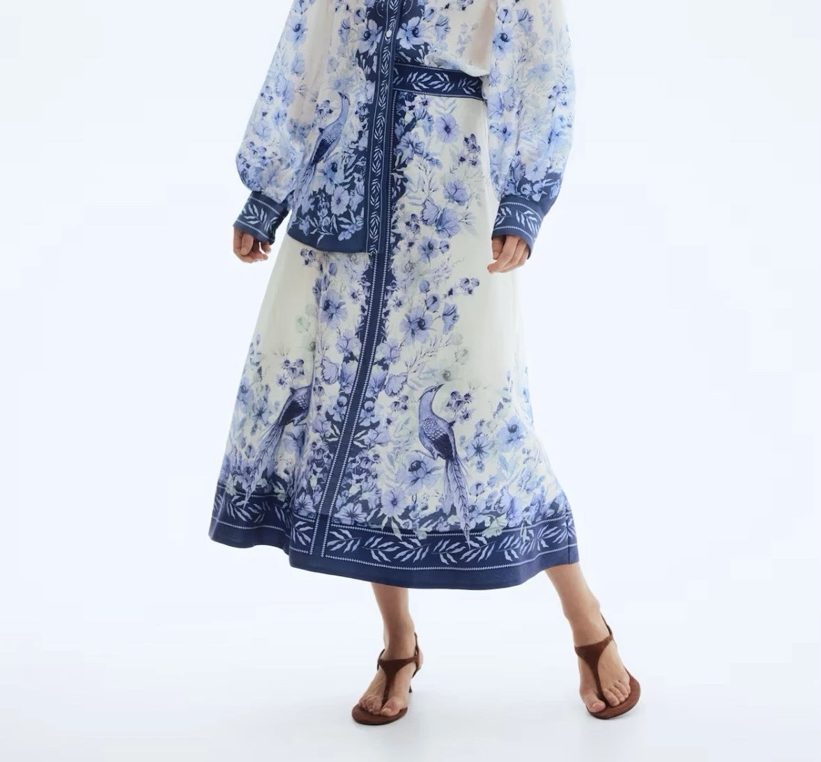New H&M WOMEN Linen-blend maxi skirt Cream/Blue floral 1321372001 Sz 0
