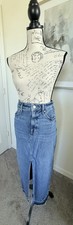 EXPRESS WOMEN MEDIUM WASH DENIM LONG FRONT SLIT RAW HEM HIGH WAISTED SKIRT SZ 2