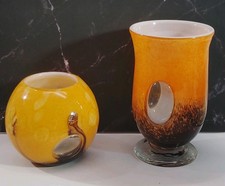 Murano Style Hand Blown Orange Brown Art Glass Vase W/Clear Circles 2pc. Set