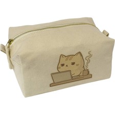 'Working Cat with Coffee' Canvas Wash Bag / Makeup Case (CS00043561)