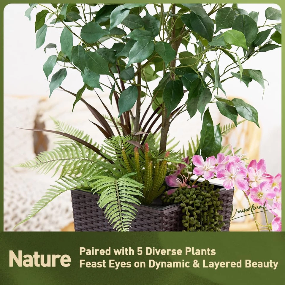 Artificial Ficus Tree - 4Feet Tall Fake Tree with Tapered Pot & 5 Decorative Pla - Изображение 2 из 4