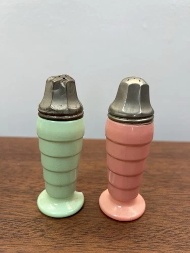 Vintage Pink & Green Milk Glass Retro Salt & Pepper Shakers - One Chipped