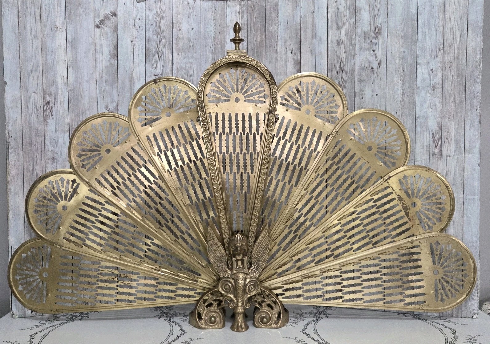 Vintage Brass Fireplace Folding Peacock Fan Screen Griffin G