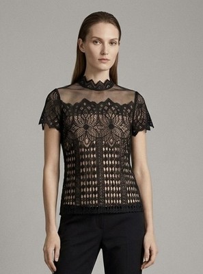   Elegant Black Lace Blouse with Nude Lining   Size S   Sheer Romantic Look  