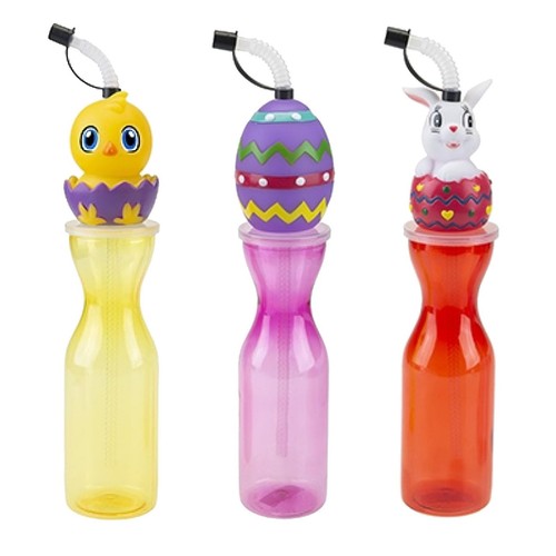 Children's 3x Easter Bottles with Flexi Straws 500ml Plastic Bunny Chick and Egg