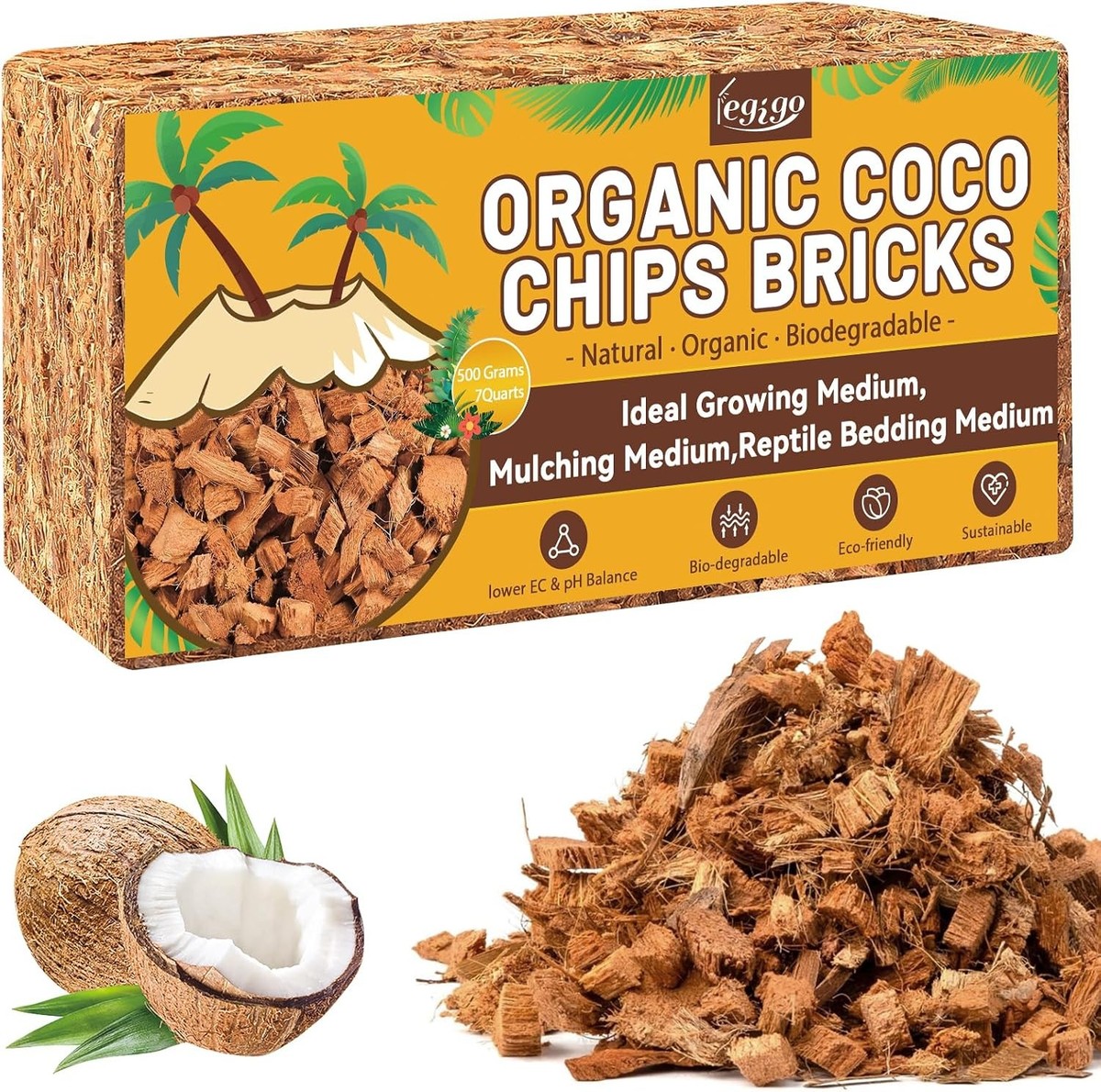 Legigo 1.1 LB Coco Husk Chips for Plants- 100% Organic Coconut Coir Chips  Brick