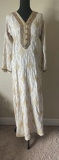 Stunning Ivory Gold Embroidered Maxi Kaftan Dress Long Abaya Women's Size S