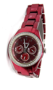Metallic Red Fossil Women's Wrist Watch Tested  Crystal Bezel Ring es 2950