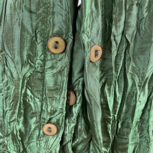 Blusa para mujer Ki Meng verde metálica arrugada abotonada con mangas de poeta - Imagen 6 de 9