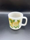 Glasbake Floral Milk Glass Mug-Stacking & Green Gold Floral Vtg