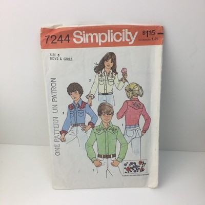 Western Shirt Embroidery Transfer Included Child Size 8 CUT Pattern 7244 Vtg 70s