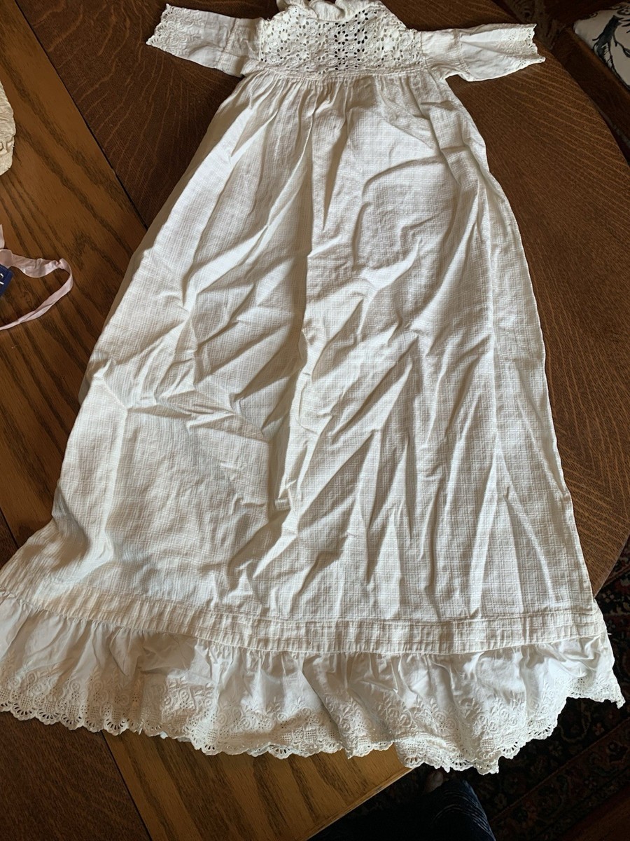 1868 Edwardian White Cotton Embroidered Baby Christening Baptism Gown | eBay