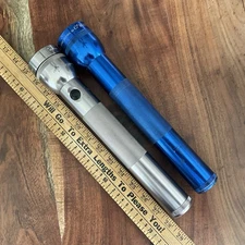 Vintage Lot of 2 Mag-Lite 3 D-Cell Battery 12" Flashlights Silver and Blue