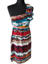 Belle du Jour One Shoulder Boho Tribal Print Dress Ruffle Festival M