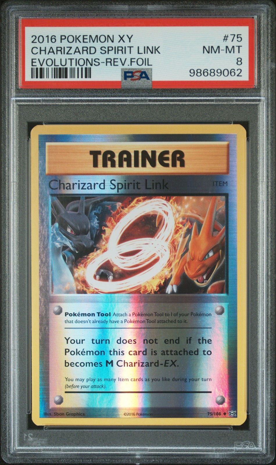 2016 POKEMON XY EVOLUTIONS #75 CHARIZARD SPIRIT LINK-REVERSE FOIL PSA 8