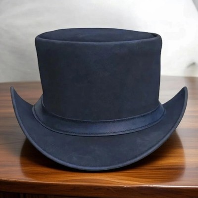 Blue Genuine Leather Top Hat with Zipper Detail