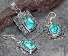Copper Turquoise 925 Silver Plated Pendant Earrings Set 1.7|1.6" MJ