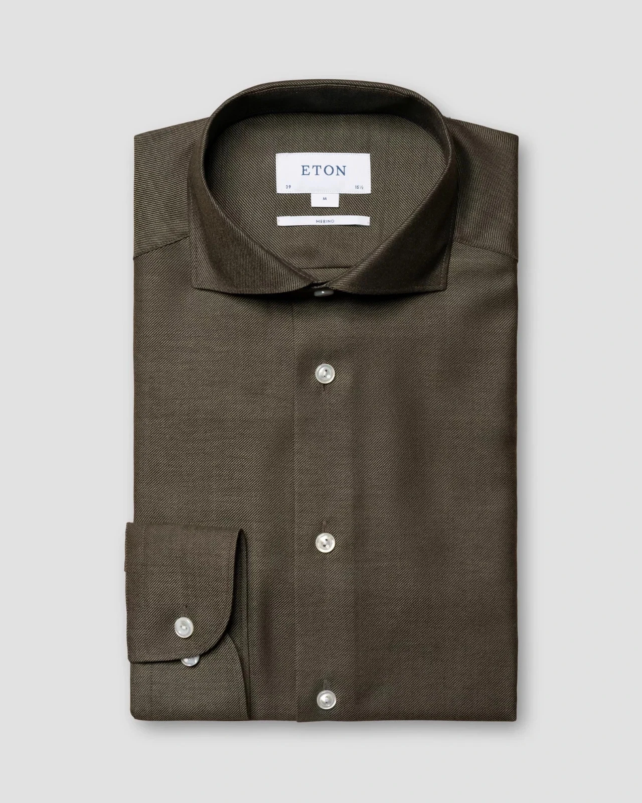 ETON Khaki Green Twill 100% Merino Wool Shirt Wide Spread Slim Fit Dress