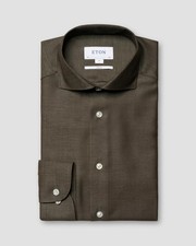 ETON Khaki Green Twill 100 Merino Wool Shirt Wide Spread Slim Fit Dress