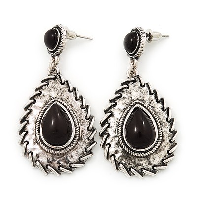 Burn Silver Teardrop Black Resin Stone Drop Earrings - 5cm Length
