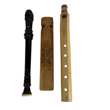 Vtg - Lot of 3 Allios Black Recorder Hand Made Bamboo Recorder and Train Whistle