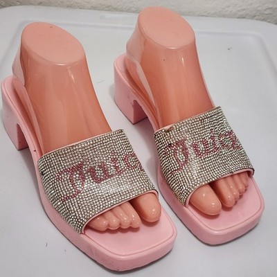 Juicy Couture Harmona Heeled Jelly Sandals Pink Rhinestone Square Toe Size 6.5/7