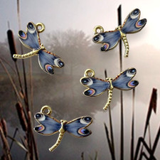 Set of 10 Dragonfly Charms Blue Grey Enamel Bead Findings Drops Pendants 22x17mm