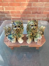 Pair Japanese Okinawa Shisa Foo Dogs Lion Pottery with Wood base Vintage Lucky