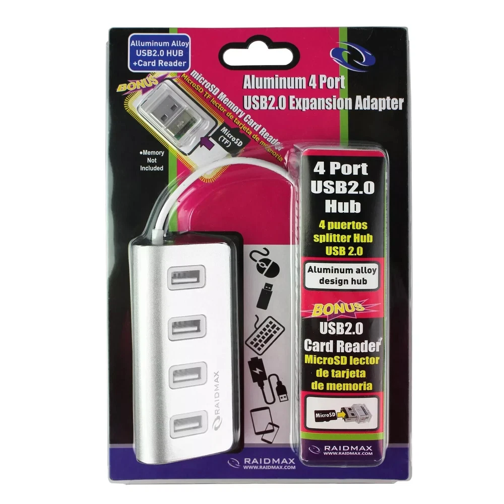 Aluminum 4 Port USB Hub High Speed Adapter Cable + Micro SD(TF) Card Reader
