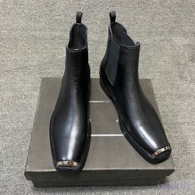 Mens Real Leather Suede Chelsea Ankle Boots Metal Square Toe  display picture 1