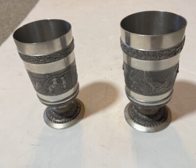 Ireland Mullingar Pewter Set Of Two Wild Life  Design Goblets 14 Oz.