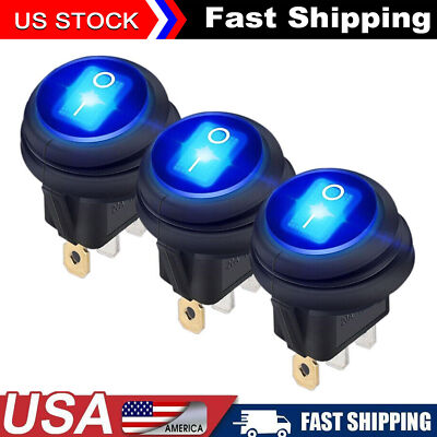 3pack Rocker Toggle Switch Car Boat ON/OFF 12V 20A Round Blue LED Waterproof