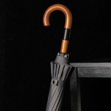 Big Black Rain Umbrella Long Auto Golf Handle Wooden 16 Ribs Windproof Men Women
