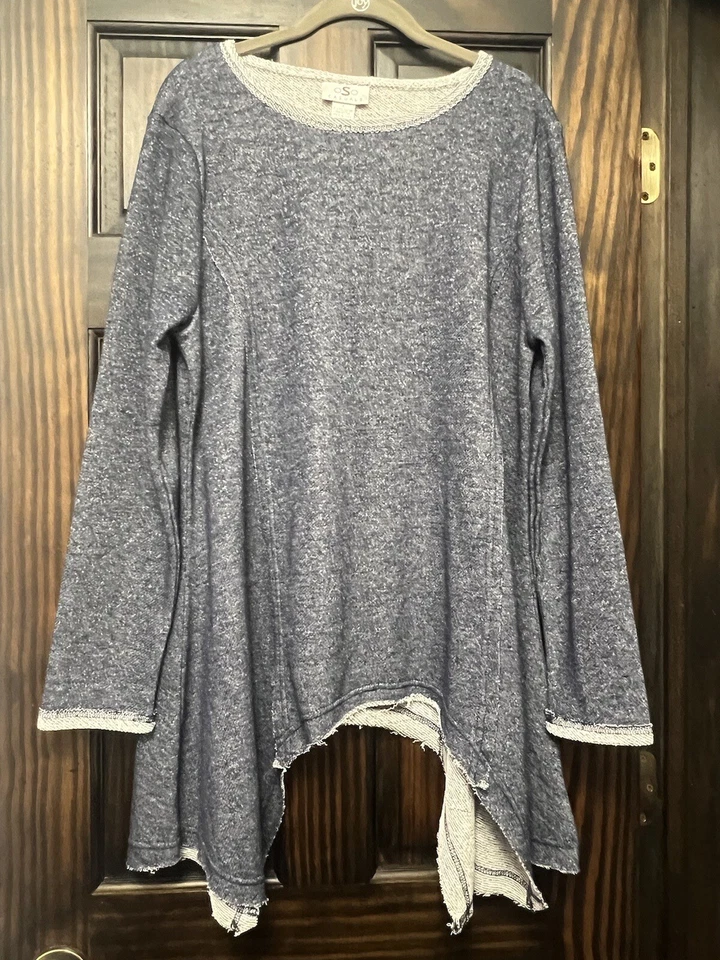 OSO Casuals French Terry Knit Long Sleeve Raw Edge Shark Bite Hem Tunic L - NWOT - Image 2 of 4
