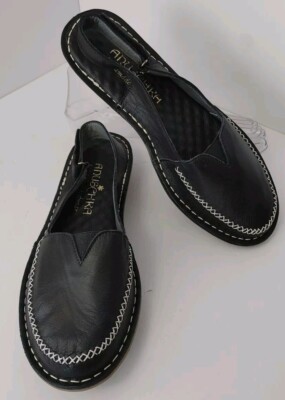 Anuschka Womens Black Leather Sling Back Shoes Round Toe Handmade Size 7 1/2