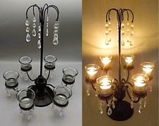 Black Metal 6 x Tea Light/Candle Holder With Faux Crystal Droppers