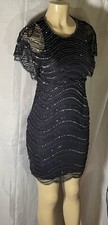 Adrianna Papell Evening Formal Sequin Beaded Cocktail Flutter Sleeve Short Dress