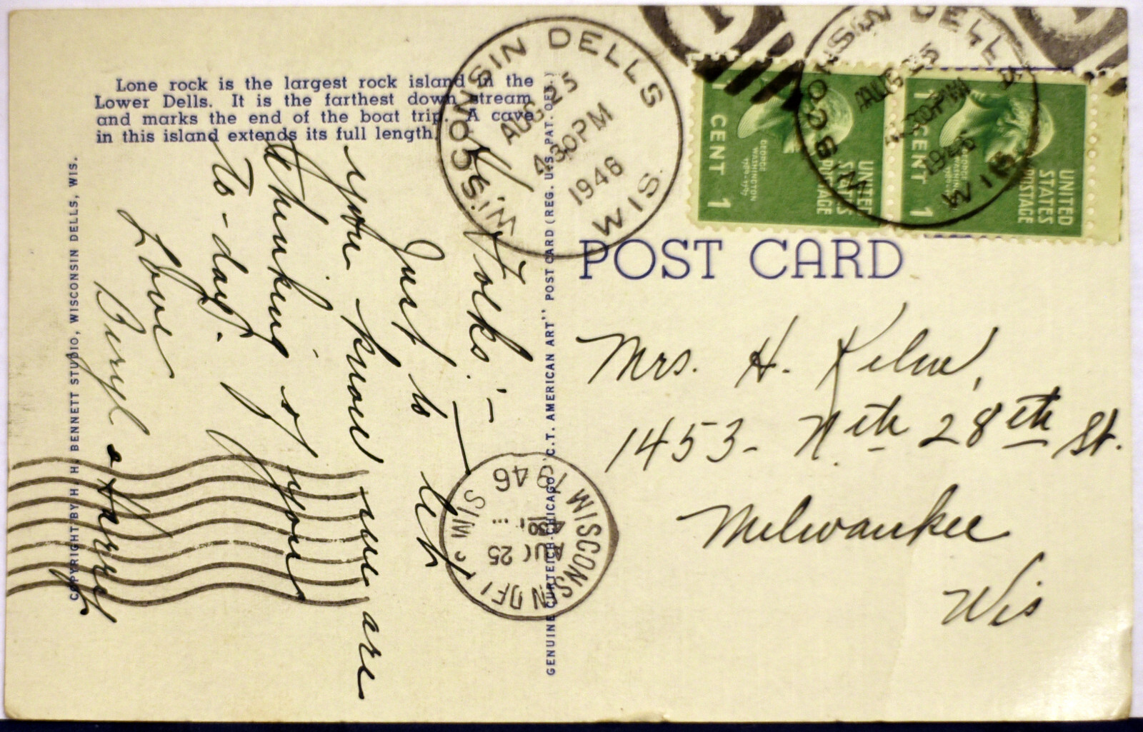 Washington 1 cent 19389 lone rock dells wi river post card