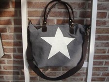 Damen Tasche Stern Lederdetails CANVAS grau mit Stern in der Farbe weiß NEU