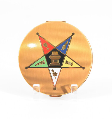 VTG Elgin Eastern Star Masonic Powder Compact Make Up Case Gold Tone Inlay 3''