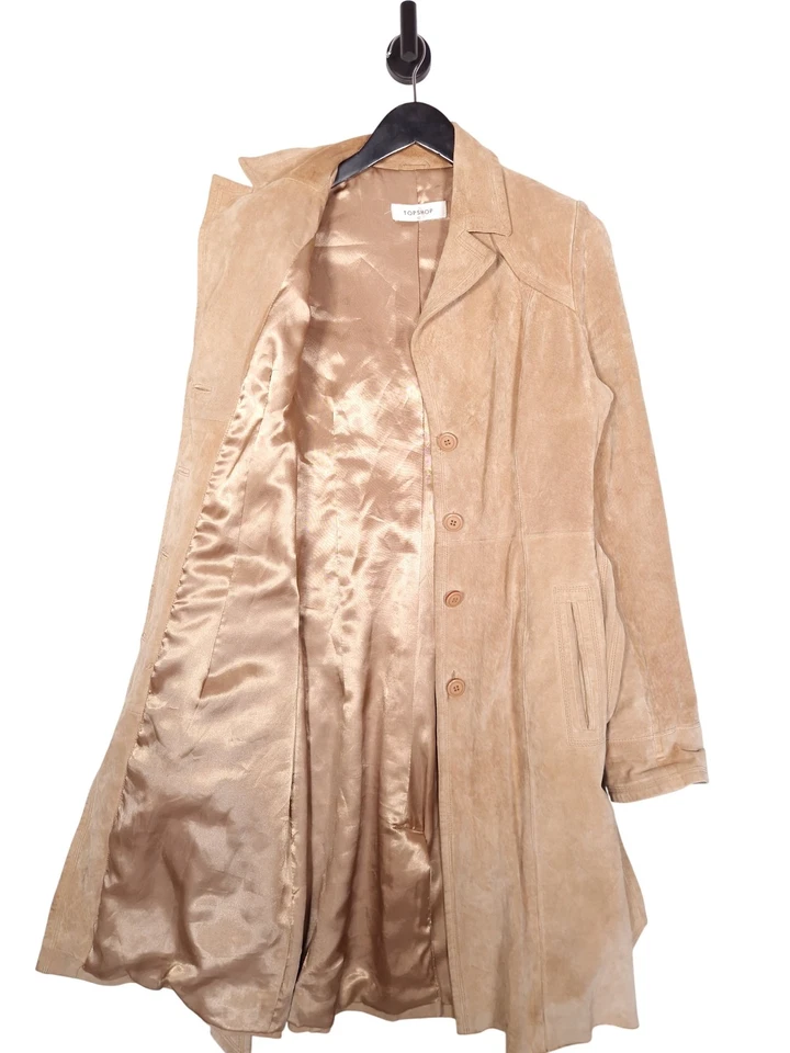 Topshop Leather Trench Coat Size UK 12 Women's Cream Button Belted Long - Image 3 of 4