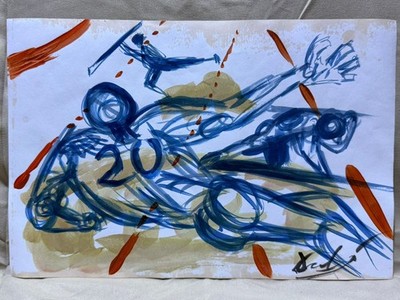 SALVADOR DALI drawing and painting on old paper signed stamped vintage