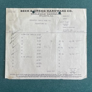 1942 Invoice Beck & Gregg Hardware Atlanta Georgia