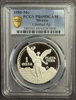 1986 Mexico Libertad 1 Onza Silver Proof PCGS PR69 DCAM. Low Mintagage