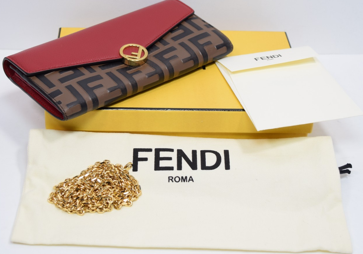Fendi FF Continental Wallet On Chain Red Leather Brown Canvas Gold