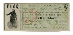 1862 Cr.11A $5 TEXAS Treasury Warrant - CIVIL WAR Era