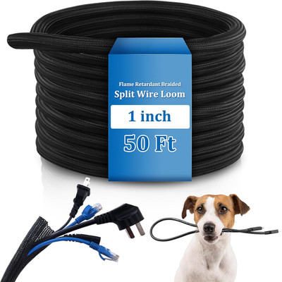 50Ft Split Wire Loom Tubing Flame Retardant Braided Cable Sleeve Split High Temp