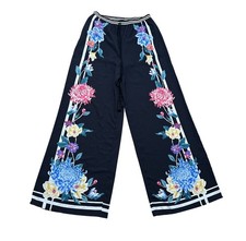 Floral Wide Leg Palazzo Pants Black High Waist Drawstring Boho Resort Size M