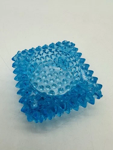 Vintage FENTON Blue Glass Hobnail Bubble Ashtray Salt Cellar Candle Holder 3"