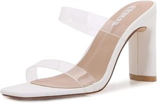 mm Women Multi Style Double Clear Strap 4 Inch White Chunky Heeled Sandals
